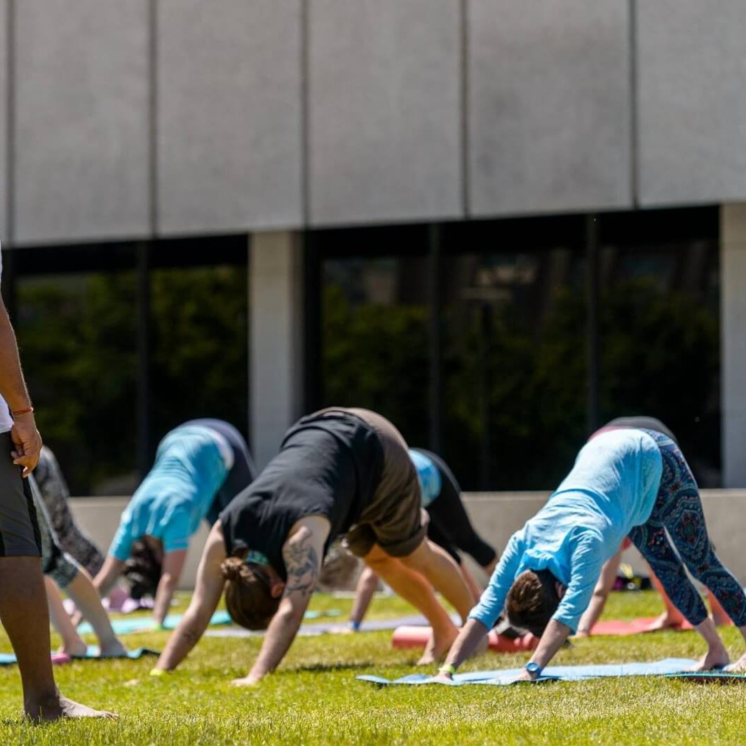 Group of people practicing yoga outdoors in Salt Lake City, UT | Santosh Yoga Institute