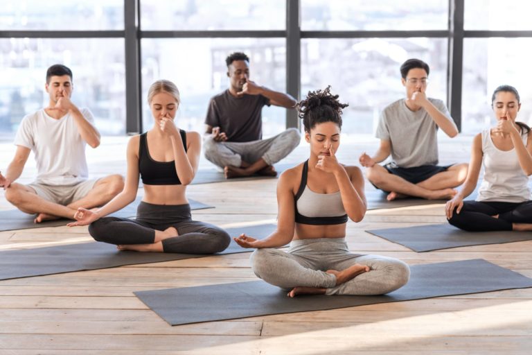 Group of people doing Alternate Nostril Breathing in Salt Lake City, UT | Santosh Yoga Institute