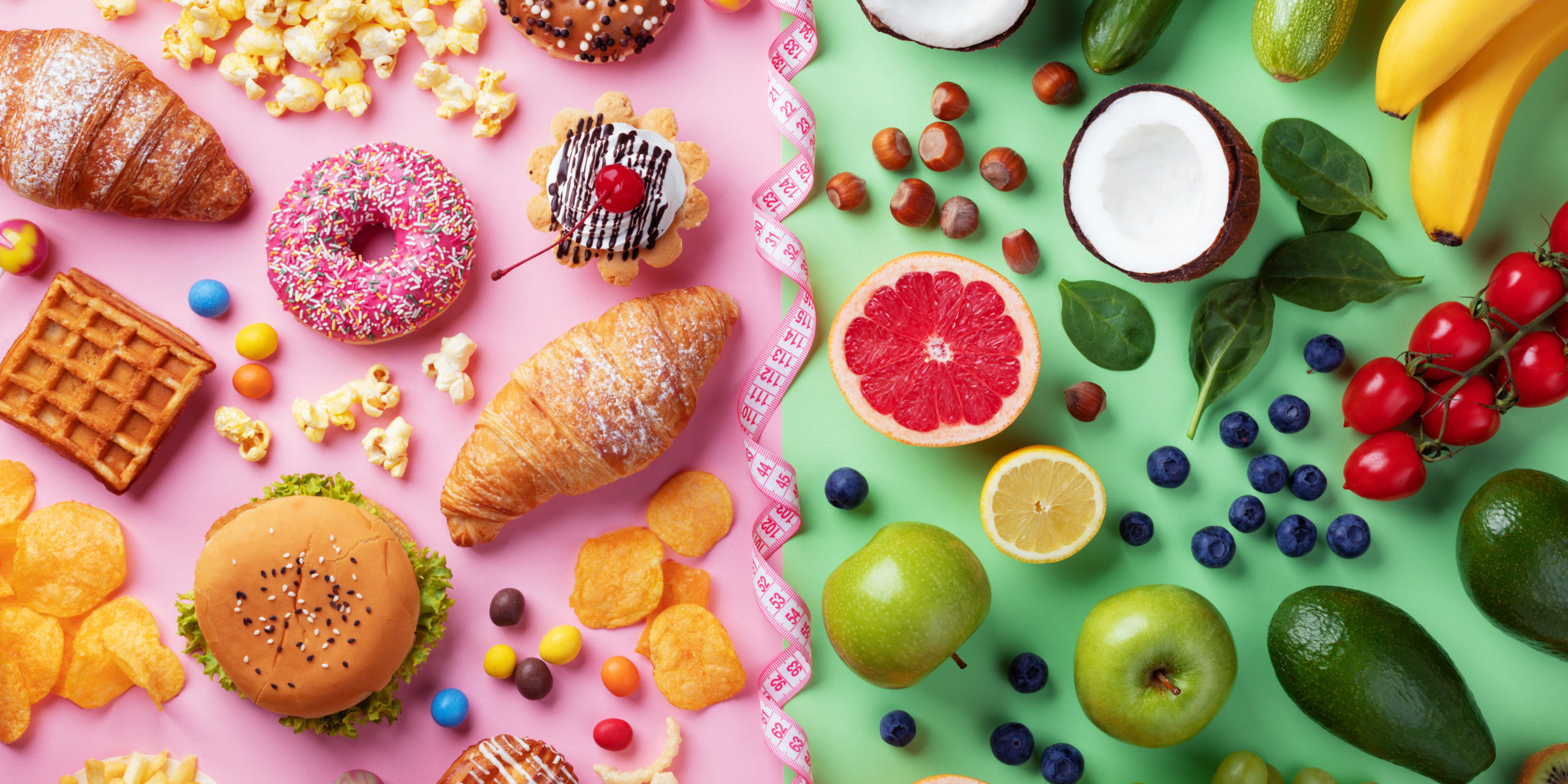 Divided photo of Junk food and healthy food in Salt Lake City, UT | Santosh Yoga Institute