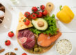Meat, fish and vegetables. food selection on white background in Salt Lake City, UT | Santosh Yoga Institute