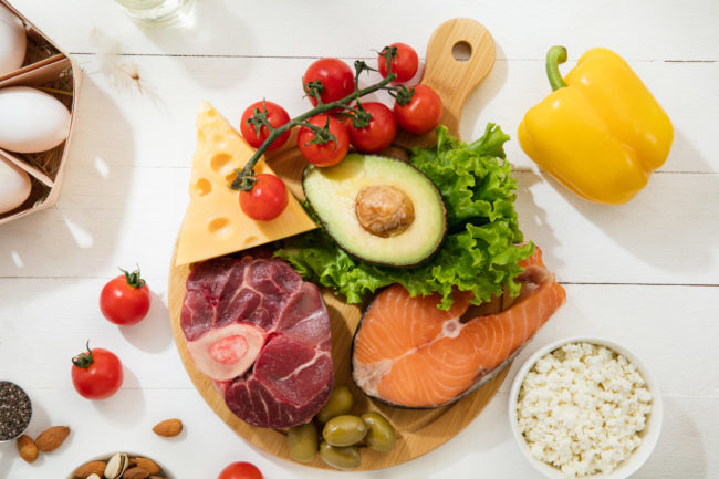 Meat, fish and vegetables. food selection on white background in Salt Lake City, UT | Santosh Yoga Institute