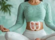 Woman practicing abdominal breathing in a seated yoga pose with highlighted digestive organs, representing deep diaphragmatic breathing benefits