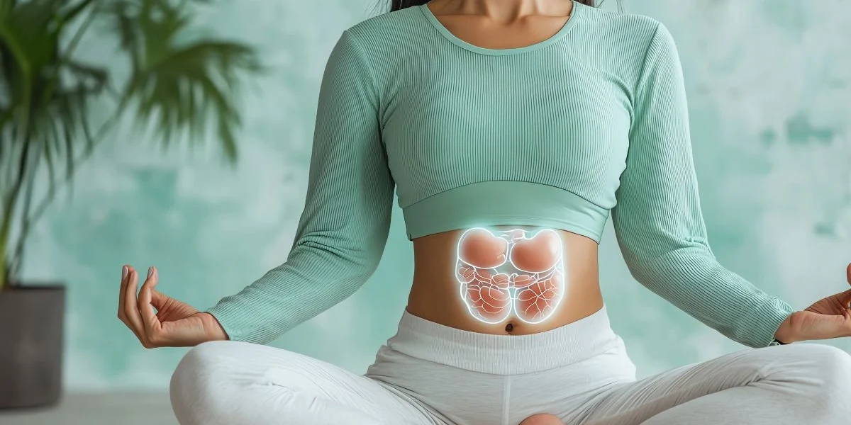 Woman practicing abdominal breathing in a seated yoga pose with highlighted digestive organs, representing deep diaphragmatic breathing benefits