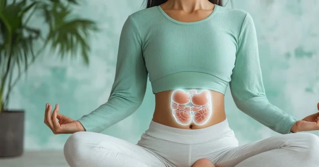 Woman practicing abdominal breathing in a seated yoga pose with highlighted digestive organs, representing deep diaphragmatic breathing benefits