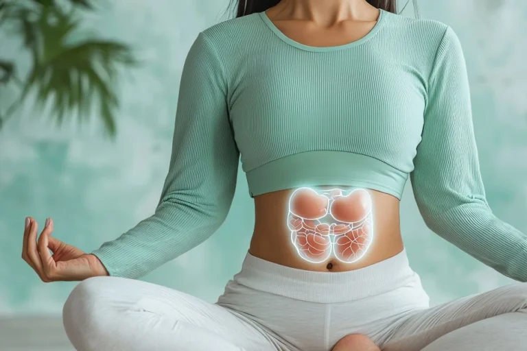 Woman practicing abdominal breathing in a seated yoga pose with highlighted digestive organs, representing deep diaphragmatic breathing benefits
